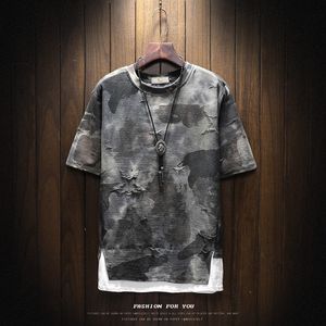 fashion Ripped T shirt men summer Printed hole hip-hop short sleeve T shirts Camouflage patchwork Loose Tees Plus Size S - 5XL