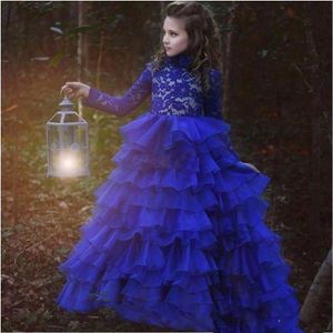 Royal Blue Flower Girls Abiti per matrimoni Illusion Appliques in pizzo Maniche lunghe Tiered Ruffles Ball Gown Compleanno Bambini Girl Pageant Gowns