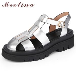 Meotina Sandali in vera pelle Scarpe da gladiatore Sandali con plateau piatti Scarpe da donna ritagliate estive Design argento dorato 43 210520