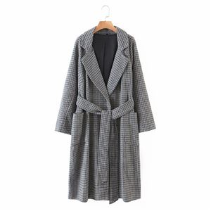 Streetwear women woolen overcoat fashion ladies vintage plaid long outercoat streetwear female sashes elegant girl 210427