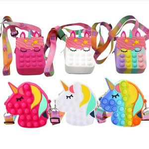 Party Favor Carton Pops Rainbow Coin Purse Silikon Girl Kawaii Messenger Bag Barn Finger Push Bubble Toy Bag Present