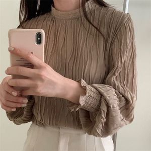 Vår Höst Top Kvinnor Blus Retro Turtleneck Lace Fold Loose All-Match Puff Sleeve Kvinnor Kvinna Blusa C044 210506