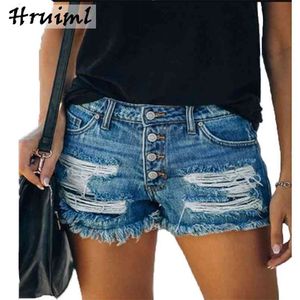 Shorts Denim Fabric Blue Button Tassel Decorated Woman Casual Fashion Streetwear Sexy Hole for Women Ropa De Mujer 210513