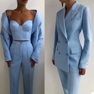 Fashion Sky Blue Bridal Ladies Blazer Passar Långärmad Bride Outfits Leisure Evening Party Bröllopslitage (Jacka + Byxor)