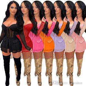 2022 Sexy Crop Top Pants Two Piece Sets For Women Mesh Stitching Zipper Outfits Long Sleeve Shorts Set Clubwear