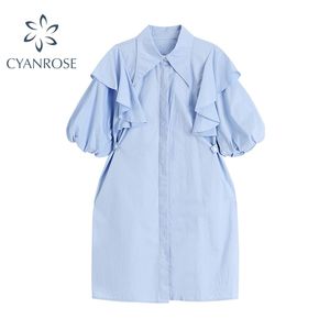 Летний сладкий отворот короткие фонарики женская рубашка платья моды корейский стиль рюшами драпированные дамы повседневная мини-платье 210515