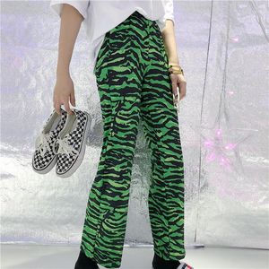 Женские брюки CAPRIS Green Zebra Pattern прямые женщины Harajuku Streetwear Свободная повседневная осень шикарный хип-хоп