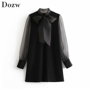 Moda donna Solid Mini abito Papillon colletto trasparente nero ragazza estate manica lunga casual prendisole Ropa Mujer 210515