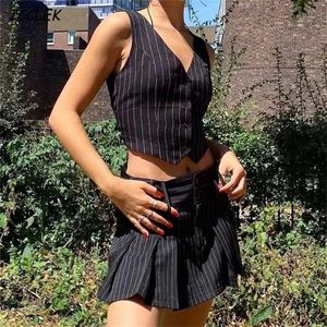 Женский жилет Blazers Striped The Crops Tops и блузки Однорубка без рукавов Femme Tanks Vintage Slim V шеи мода весна TRF 211116