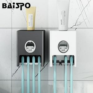 Baispo All-In-One Автоматическая зубная паста Squeezer Настенный монтируемый держатель зубной щетки с стойкой для хранения для ванной комнаты наборов 210322