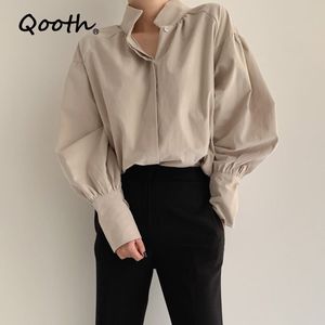 Qooth Stile coreano Design semplice Colletto rialzato Bottone invisibile Camicia a maniche lunghe a sbuffo casual di media lunghezza allentata Minimalismo Top QT514 210518