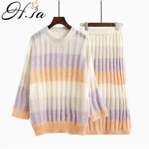 Women Sweater Suit Candy Colorful Striped Pull Jumpers Pullover and Skirts Set Elegant Knitwear In Winter 210430