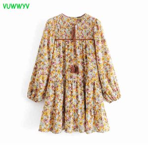 VuWyv Vintage Floral Print Midi Sukienki Dla Kobiet Elastyczna Plisowana Smock Design Dress Kobieta Z Długim Rękawem Casual Krawat Vestidos 210430