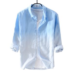 2022 New Summer Men's Linen Shirt Men Brand Brand de três quartos Camisa masculina gradiente azul camisa casual casual