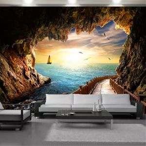 3D Seascapeの壁紙美しい海の景色の外の洞窟の家の改善リビングルームの寝室の包丁壁画壁紙