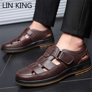 Lin King Lazer Sandálias para homens oco out couro genuíno sapatos de negócios macio sola verão fora calçado sapatos para macho