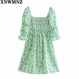 Women Green Square Collar Mini Dress Summer Elegant Short Sleeve Fashion Elastic Waist Slim Dresses Printed Casual robe 210520