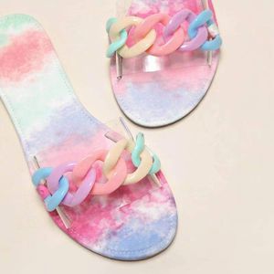 Sexy Frauen Drucken Blumen Hausschuhe Sommer Schwarz Offene spitze Kette gleitet Flache Sandale Mode RegenbogenﾠFlip Flops Outdoor Strand Freizeitschuhe EU35-43 010