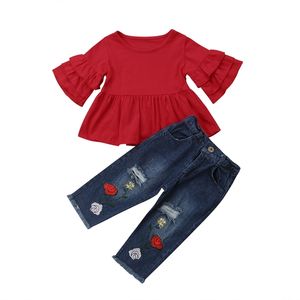 1-6Y Spring Toddler Kid Girl Clothes Set Valentines Day Children Outfit Ruffles T shirt Flower Jeans Denim Pants Costume 210515