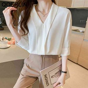 OL Style Formal Black Top Shirts Women Plus Size V-Neck Chiffon Female Elegant Half Sleeve Fashion White Blouse 210601