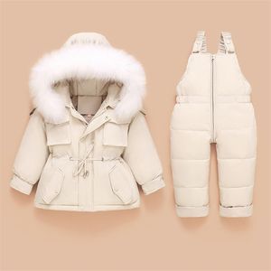 Дети вниз пальто куртка + комбинезон дети малыша девушка мальчик одежда 2 шт. Зимний наряд костюм теплые детские комбинезонные комплекты одежды 211203