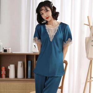 Kadın Pijama Set Seksi Dantel Trim Pijama Pijamas Takım Elbise Yeni Yaz Kısa Kollu Buzağı Uzunlukta Pantolon Suit Gevşek Faux İpek Ev Giyim X0526