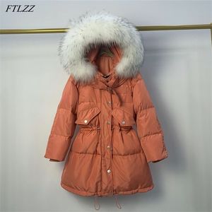 冬のジャケットの女性自然の毛皮のフード付き緩い90％ホワイトアヒルダウンコート厚い暖かい防風ブラックスノーパークパークアウウス210430