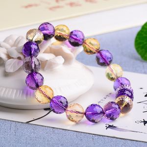 Naturalny Cytryn Ametyst Kobiety Mężczyźni Bransoletka Prezent Urok Żółty Purpurowy Faceted Round Bead Stretch Crystal 12mm 14mm Aaaaa