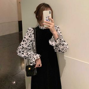 French Velvet Black Floral Dress Winter Long Sleeve Women Stitching Designer Korean Lady Party Midi 210604