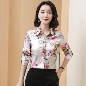 Camicia di raso classica con stampa di design di lusso Taglie forti Camicie con bottoni a maniche lunghe moda donna 2023 Camicetta con risvolto da donna primavera autunno Camicetta con risvolto eleganti top in seta