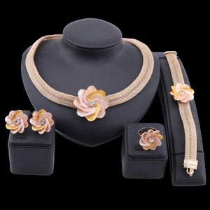 Brincos Colar Oeeoos Jóias conjunto Dubai ouro cor conjuntos de jóias para mulheres flor pulseira anel de casamento africano presentes