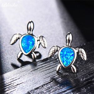 Blaike Luksusowy Sterling Silver Jewelry Biały Niebieski Opal Stud Kolczyki dla kobiet Cute Tortoise Letnie Ślub