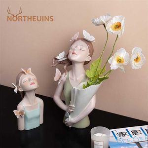 ノースーイン蝶の女の子樹脂彫刻キャラクターモデル花瓶モダンな貯蔵像ホームリビングルームデスクトップの装飾アクセサリー211101