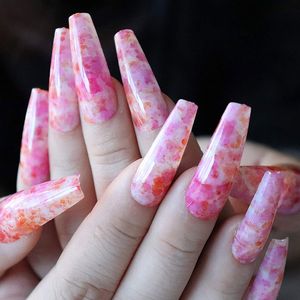 24Pcs Press on Ombre Acrylic Nails with Design Natural Long Ballerina Coffin False Fingernails Full Cover Nail Art for Women and Girls