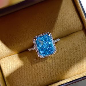 S925 Sterling Silver Square Blue Stone Crystal Vintage Boho Rings for Women Wedding Casal Friends Gift