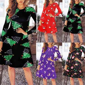 Christmas Printed Ladies Dresses Autumn Winter Long Sleeve O Neck Casual Elegant Party Club Vestidos Female Trendy Clothing 210517