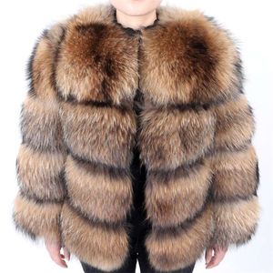 Maomaokong Winter Style Jacket Kvinnors Tjock Fur Coat Real Raccoon Jacket Högkvalitativ Rund Neck Warm 210928