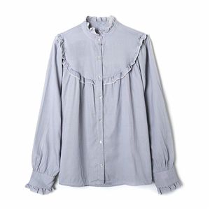 Elegante Frauen Rüschen Shirts Mode Damen Grau Gestreifte Tops Süße Weibliche Chic Baumwolle 100% Bluse Lose Mädchen Hemd 210427