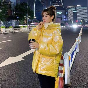 Parlak Renk Kapüşonlu Kadınlar Kış Kalın Sıcak Pamuk Ceket Streetwear Büyük Cep Gevşek Kar Ceket Sarı Parka Dış Giyim 210430