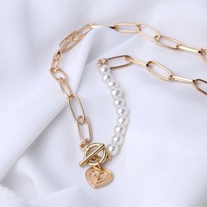 Wholesale gold heart toggle necklace resale online - Elegant Pearl Necklace for Women Gold Chunky Link Chain Asymmety Toggle Clasp Circle Chokers Heart Pendant Necklaces