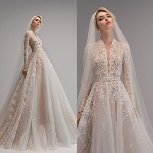 Ersa Atelier Bröllopsklänningar En linje V Neck Långärmad Lace Beaded Appliqued Bridal Gowns Robe de Mariée