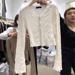 Chic Falten Design Kurze Hemden Frauen Geknöpft Blusen Frühling Schlanke Frauen Crop Tops Koreanische Mode Langarm Camisa Mujer 210514