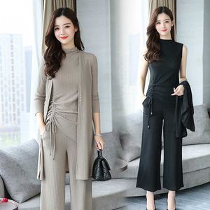 Set female autumn fashion knit sleeveless bottoming shirt + long coat casual elegant wide leg nine pants three sets 210527