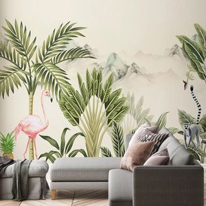 Personalizado Papel de Parede Modern Flamingo 3D Flamingo Mão Pintado Tropical Floresta Planta Paisagem Pintura de Parede Pintura Decoração Home