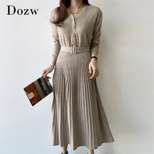 Sólido elegante vestido plissado outono primavera de manga longa escritório vintage v neck chic bandage mulheres 210515