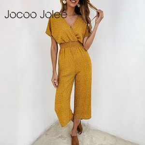 Sommar Polka Dot Chiffon Jumpsuits Casual Short Sleeve V Neck Wide Ben Loose Jumpsuit Boho Beach Rompers 210428