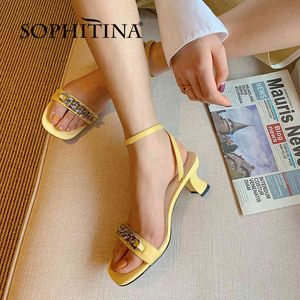 Sophitina Deri Yaz Kadın Ayakkabı Sandalet Garip Topuk Şık Zincir Soyunma Kare Toe Sarı Konfor Ayak Bileği Toka Fo264 210513