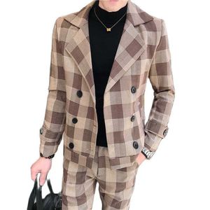 Куртка брюки осень зима плед двойной костюм двух частей костюм набор мужской джентльмен платье пиджаки пальто тонкий подходящий брюки x0909