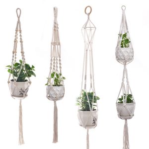 Ozdoby Ogrodowe Macrame Wieszaki roślin Handmade Indoor Outdoor Flower Wiszące koszyk Bawełna Lina 4 Nogi Balkon Pot Wieszak Pokój Deco