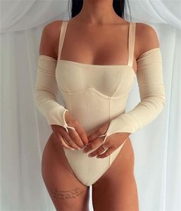 Skjut upp Backless Bodysuit Långärmad Sexig Slash Neck Playsuits Kvinnor Ribbed Grey Khaki Romper Sommar Outfits 210517